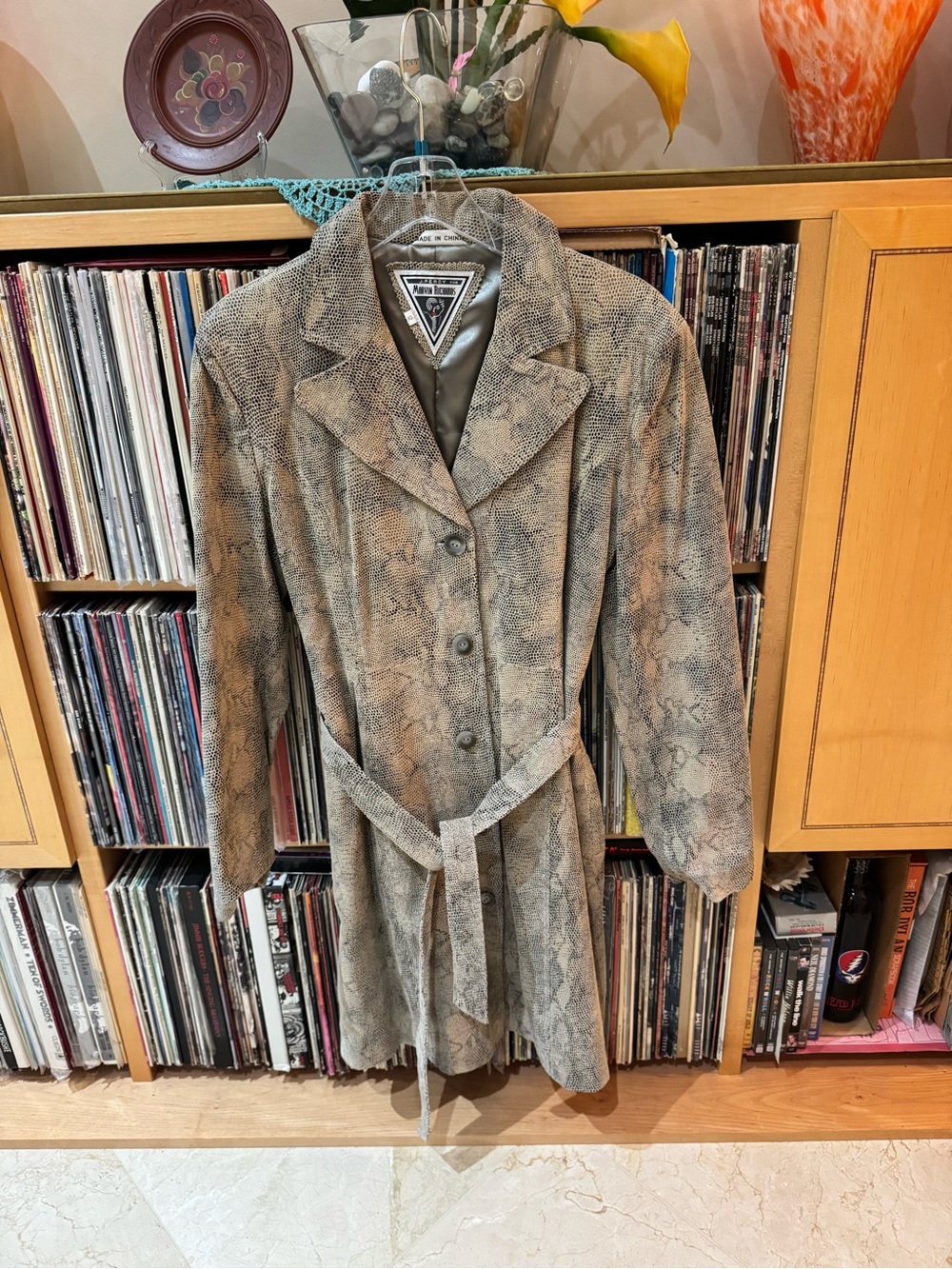 Marvin Richards Snake-Print Belted Leather Jacket in Neutral Brown and Gray